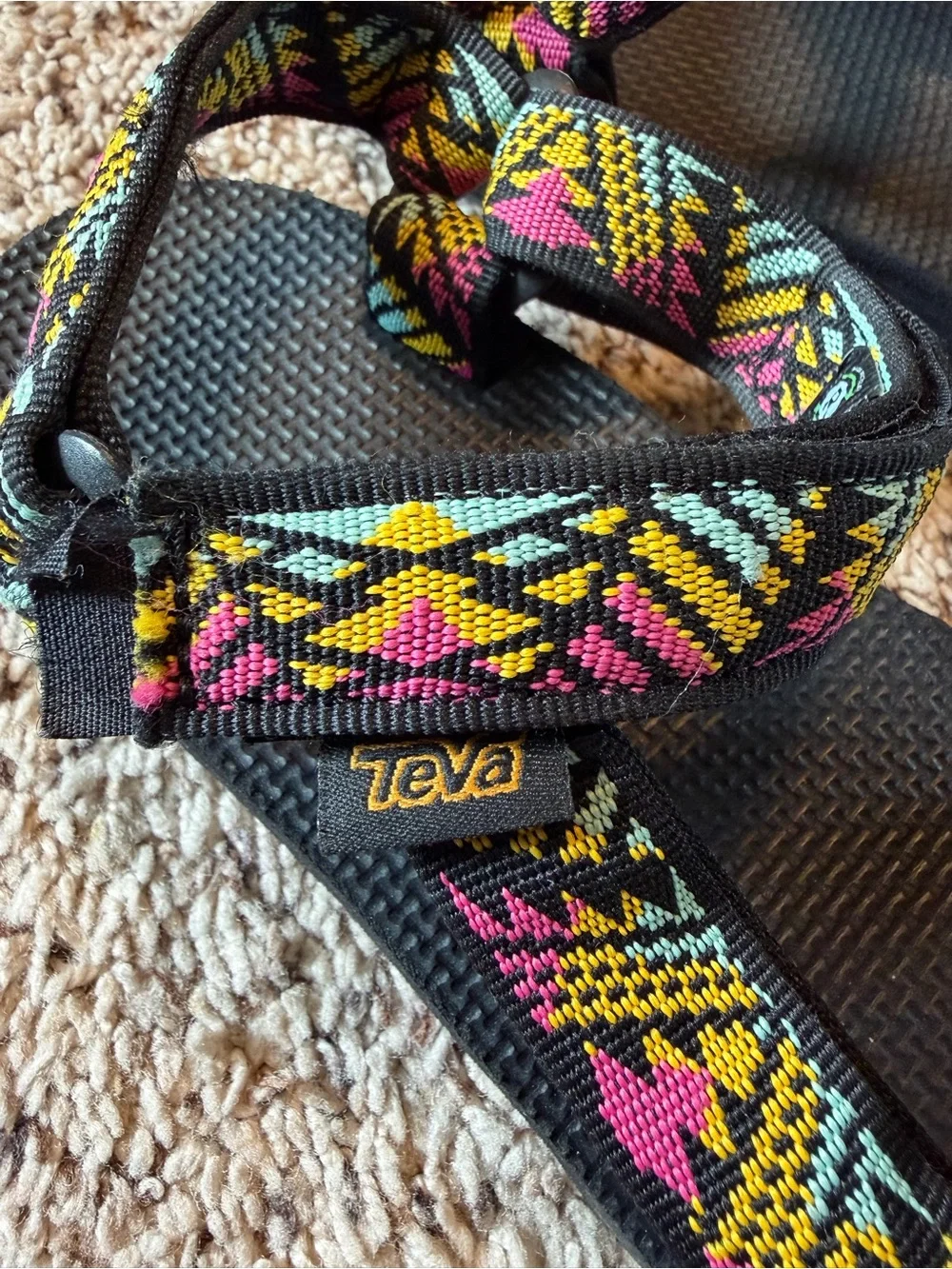 Teva Black Sandals with Yellow and Pink Aztec Straps
